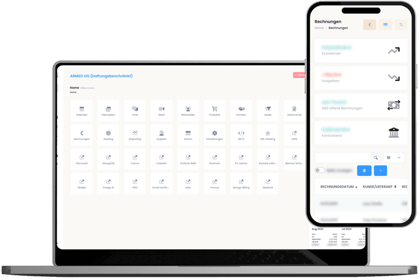 Eine digitale Benutzeroberfläche auf einem Laptop und einem Smartphone. Der Laptop-Bildschirm zeigt eine webbasierte Verwaltungssoftware mit verschiedenen Icons für Kalender, Dienstplan, Rechnungen, Reporting und mehr. Das Smartphone zeigt eine Rechnungsübersicht mit Kategorien wie Einnahmen, Ausgaben und offenen Rechnungen.